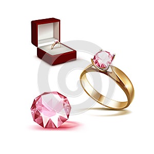 Gold Engagement Ring Pink Diamond in Red Jewelry Box