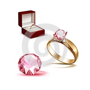 Gold Engagement Ring Pink Diamond in Red Jewelry Box photo