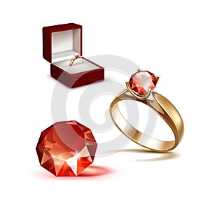 Gold Engagement Ring Red Shiny Clear Diamond Jewelry Box photo