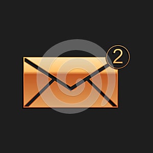 Gold Envelope icon isolated on black background. Received message concept. New, email incoming message, sms. Mail