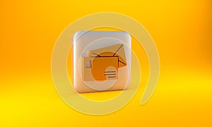 Gold Envelope icon isolated on yellow background. Email message letter symbol. Silver square button. 3D render