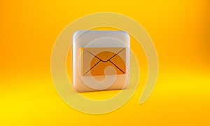 Gold Envelope icon isolated on yellow background. Email message letter symbol. Silver square button. 3D render