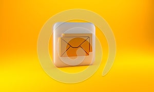 Gold Envelope icon isolated on yellow background. Email message letter symbol. Silver square button. 3D render