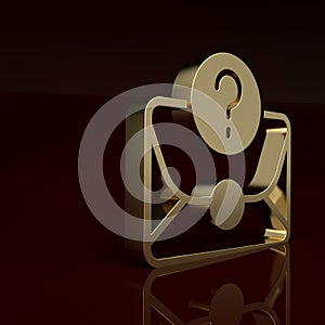 Gold Envelope with question mark icon isolated on brown background. Letter with question mark symbol. Send in request by