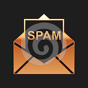 Gold Envelope with spam icon isolated on black background. Concept of virus, piracy, hacking and security. Long shadow