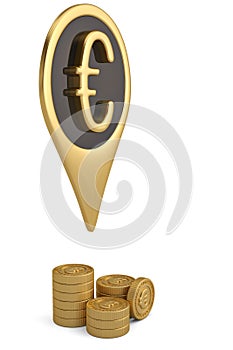 Gold euro pin icon on white backgroun.3D illustration.