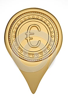 Gold euro pin icon on white backgroun.3D illustration.