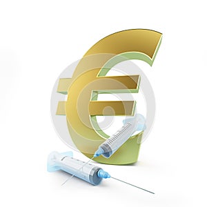 Gold euro sign syringes, donation on a white background 3D illustration, 3D rendering