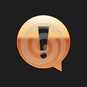 Gold Exclamation mark in circle icon isolated on black background. Hazard warning symbol. Long shadow style. Vector