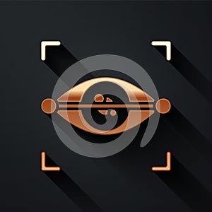 Gold Eye scan icon isolated on black background. Scanning eye. Security check symbol. Cyber eye sign. Long shadow style