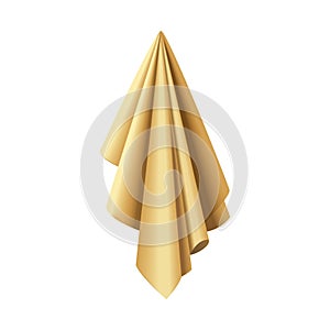 Gold fabric of 3D realistic silk curtain or cover hanging with satin folds