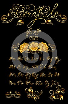 Gold Fairytale, Vector hand drawn calligraphic font. Quote text. ABC.English lettering lowercase, uppercase. Script