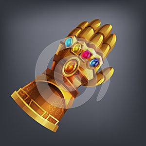 Gold fantasy armor hand glove with cosmic gems for game or cards.