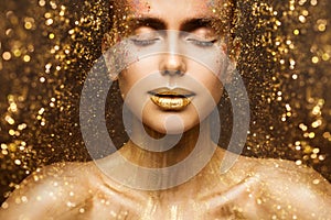 Gold Fashion Makeup, Art Beauty Face and Lips Make Up in Golden Sparkles, Woman Dreams