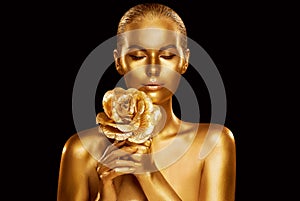 Gold Fashion Model Beauty Portrait with Rose Flower, Golden Woman Art Luxury Makeup