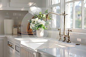 A gold faucet on an apron sink in a white kitchen.