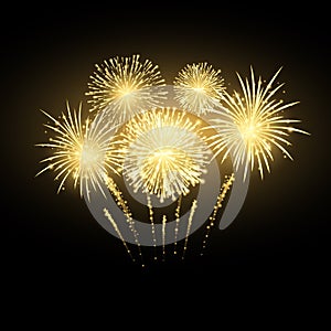 Gold Festival firework. Colorful carnival fireworks holiday background. Vector illustration isolated on dark background