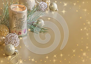 Gold Festive Christmas background. Christmas ball golden decoration.