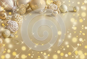 Gold Festive Christmas background. Christmas ball golden decoration.
