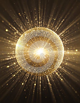 Gold festive glittery abstract shiny disco sphere with light rays