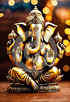 gold figurine of Ganesha. Selective focus.