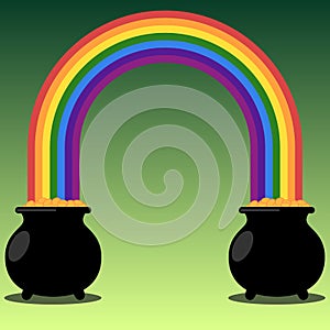 Gold filled cauldrons with rainbow on green background