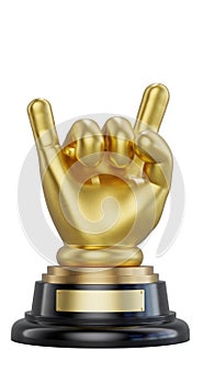 Gold finger Trophy on white background. Cartoon thumb up. isolated. 3d render