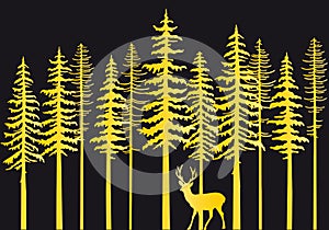 Gold fir trees with deer, vector illustration
