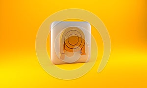 Gold Fire hose reel icon isolated on yellow background. Silver square button. 3D render illustration