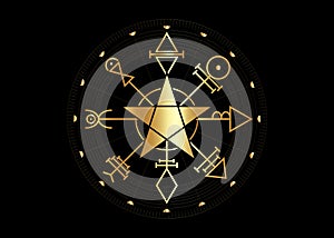 Gold First Pentacle of Venus, seals magical talisman. Sacred geometry. Golden Vegvisir compass mystical Characters of Venus amulet photo