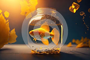 Gold fish in glass jar contrast saturated. ai generative
