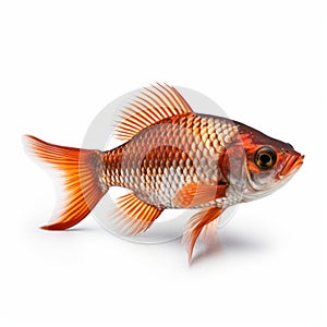 Realistic Red Fish On White Background With Black Fins photo