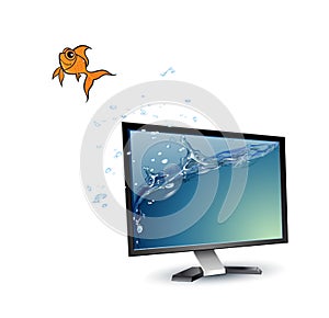Gold fish jumping from computer monitor screen