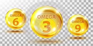 Gold fish oil pills isolated on transparent. Omega 3, 6 and 9 gel capsule