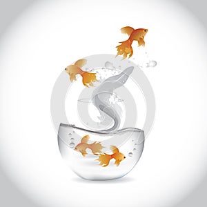 gold fishes jumping out from bowl. Vector illustration decorative design
