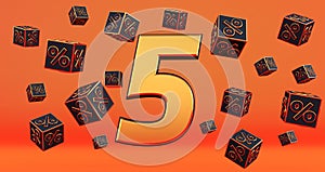 Gold five 5 percent number with Black cubes  percentages fly on a orange background.