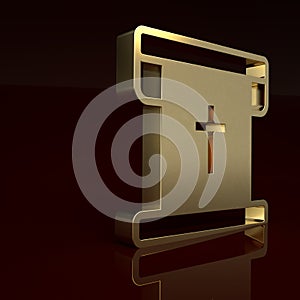 Gold Flag with christian cross icon isolated on brown background. Minimalism concept. 3D render illustration