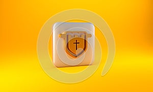 Gold Flag with christian cross icon isolated on yellow background. Silver square button. 3D render illustration