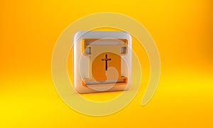 Gold Flag with christian cross icon isolated on yellow background. Silver square button. 3D render illustration