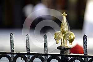 Gold Fleur-De-Lis Fence Ornament on Wrought Iron Fence