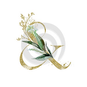 Gold Floral Alphabet - ampersand & with botanic branch bouquet composition. Unique collection for wedding invites decoration &