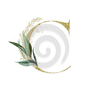 Gold Floral Alphabet - letter C with botanic branch bouquet composition. Unique collection for wedding invites decoration & other photo