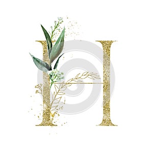 Gold Floral Alphabet - letter H with botanic branch bouquet composition. Unique collection for wedding invites decoration & other photo