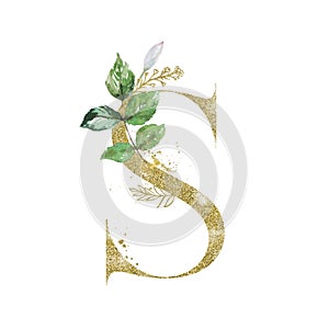 Gold Floral Alphabet - letter S with botanic branch bouquet composition. Unique collection for wedding invites decoration & other photo