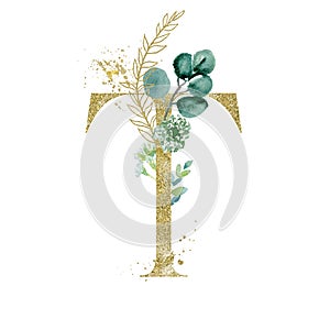 Gold Floral Alphabet - letter T with botanic branch bouquet composition. Unique collection for wedding invites decoration & other photo