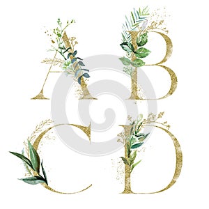 Gold Floral Alphabet Set - letters A, B, C, D with green botanic branch bouquet composition. Unique collection for wedding invites photo