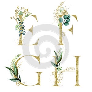 Gold Floral Alphabet Set - letters E, F, G, H with green botanic branch bouquet composition. Unique collection for wedding invites