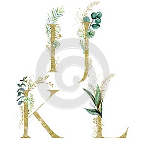 Gold Floral Alphabet Set - letters I, J, K, L with green botanic branch bouquet composition. Unique collection for wedding invites photo