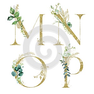 Gold Floral Alphabet Set - letters M, N, O, P with green botanic branch bouquet composition. Unique collection for wedding invites photo