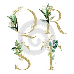 Gold Floral Alphabet Set - letters Q, R, S, T with green botanic branch bouquet composition. Unique collection for wedding invites photo